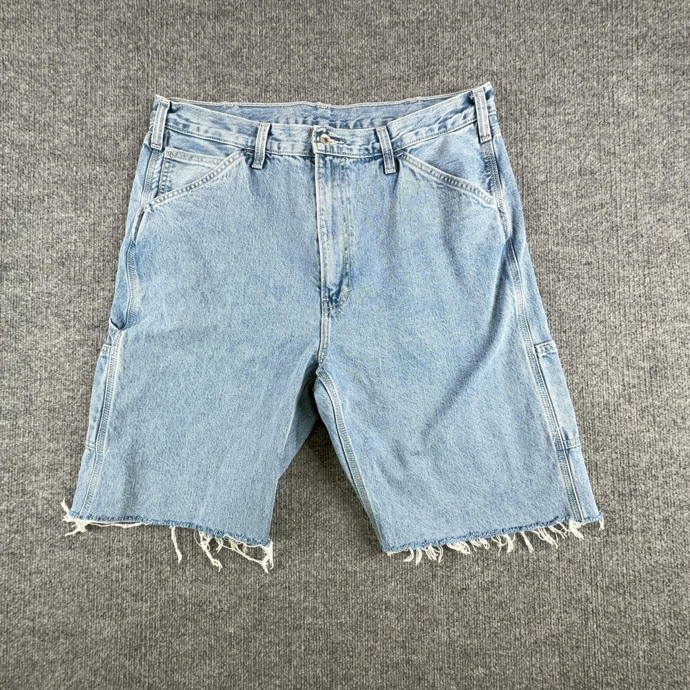 Levis Cargo Shorts Mens 38 Light Wash Denim Frayed Hem Workwear Utility Pockets